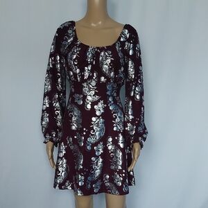 Planet Gold Floral Burgundy‎ Dress with Silver Accents Size M